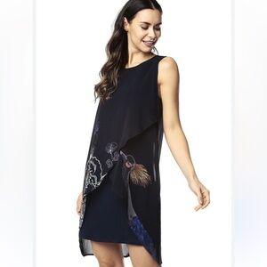 Desigual NWT Natan Floral Bird Print Chiffon Overlay Dress Size 2 Designer Work